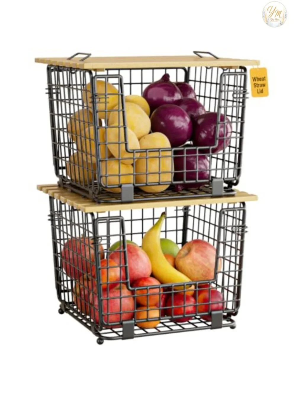 2 Pack Stackable Wire Baskets, Carbon Steel Kitchen Pantry Organizer with Lid